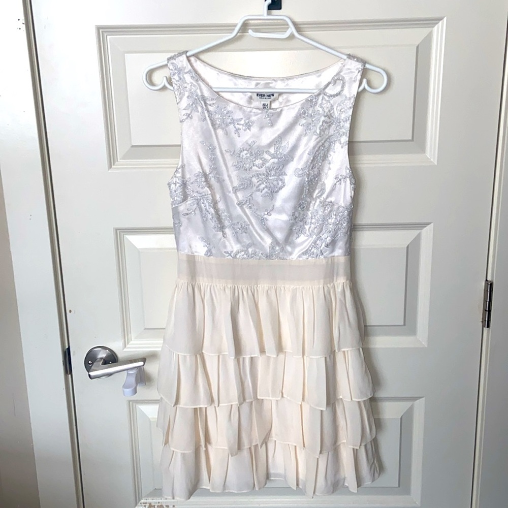 Ever New Embellished White and Cream Cascading Ruffles Dress NWT